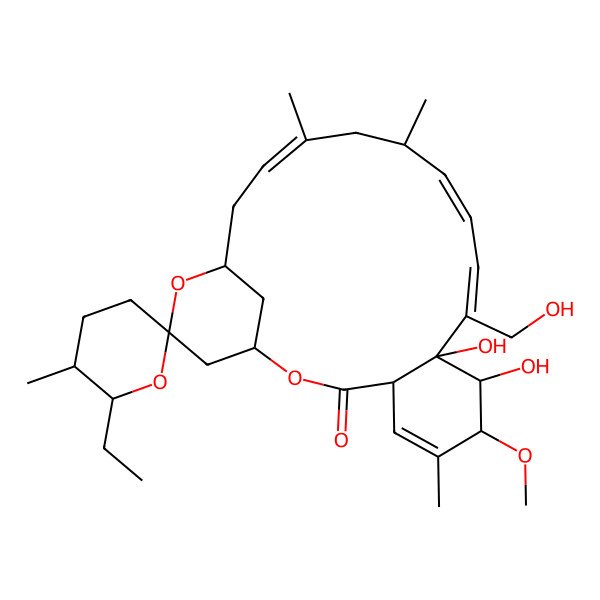 2D Structure of 6'-Ethyl-8,9-dihydroxy-10-(hydroxymethyl)-7-methoxy-5',6,14,16-tetramethylspiro[2,20-dioxatricyclo[17.3.1.04,9]tricosa-5,10,12,16-tetraene-21,2'-oxane]-3-one
