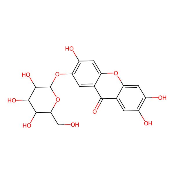 2D Structure of 2,3,6-trihydroxy-7-[(2R,3S,4R,5R,6S)-3,4,5-trihydroxy-6-(hydroxymethyl)oxan-2-yl]oxyxanthen-9-one