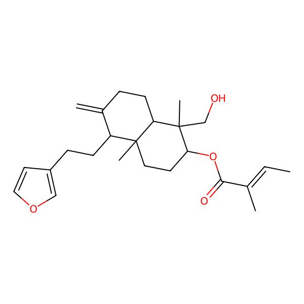 2D Structure of [5-[2-(furan-3-yl)ethyl]-1-(hydroxymethyl)-1,4a-dimethyl-6-methylidene-3,4,5,7,8,8a-hexahydro-2H-naphthalen-2-yl] 2-methylbut-2-enoate