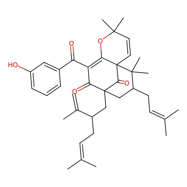 2D Structure of (1S,9R,11R)-7-(3-hydroxybenzoyl)-4,4,12,12-tetramethyl-11-(3-methylbut-2-enyl)-9-[(2S)-5-methyl-2-prop-1-en-2-ylhex-4-enyl]-5-oxatricyclo[7.3.1.01,6]trideca-2,6-diene-8,13-dione
