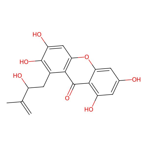 2D Structure of 2,3,6,8-tetrahydroxy-1-[(2R)-2-hydroxy-3-methylbut-3-enyl]xanthen-9-one