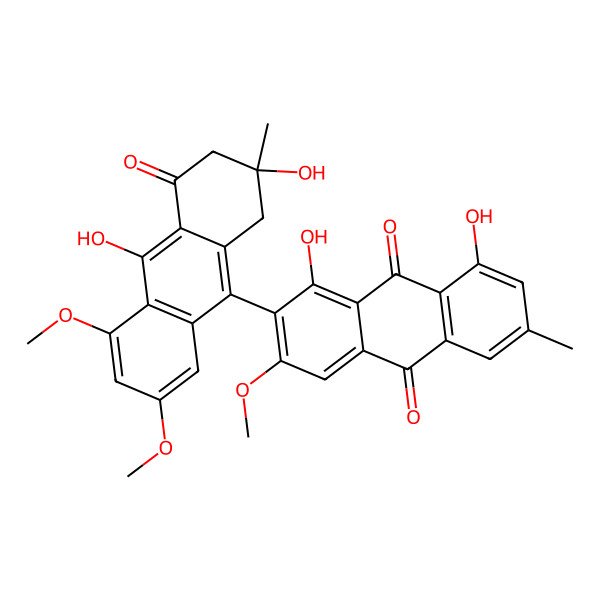 2D Structure of 2-[(2S)-2,10-dihydroxy-5,7-dimethoxy-2-methyl-4-oxo-1,3-dihydroanthracen-9-yl]-1,8-dihydroxy-3-methoxy-6-methylanthracene-9,10-dione