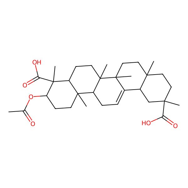 2D Structure of (2R,4aS,6aR,6aS,6bR,8aR,9S,10R,12aR,14bR)-10-acetyloxy-2,4a,6a,6b,9,12a-hexamethyl-1,3,4,5,6,6a,7,8,8a,10,11,12,13,14b-tetradecahydropicene-2,9-dicarboxylic acid 2D Structure of (2R,4aS,6aR,6aS,6bR,8aR,9S,10R,12aR,14bR)-10-acetyloxy-2,4a,6a,6b,9,12a-hexamethyl-1,3,4,5,6,6a,7,8,8a,10,11,12,13,14b-tetradecahydropicene-2,9-dicarboxylic acid