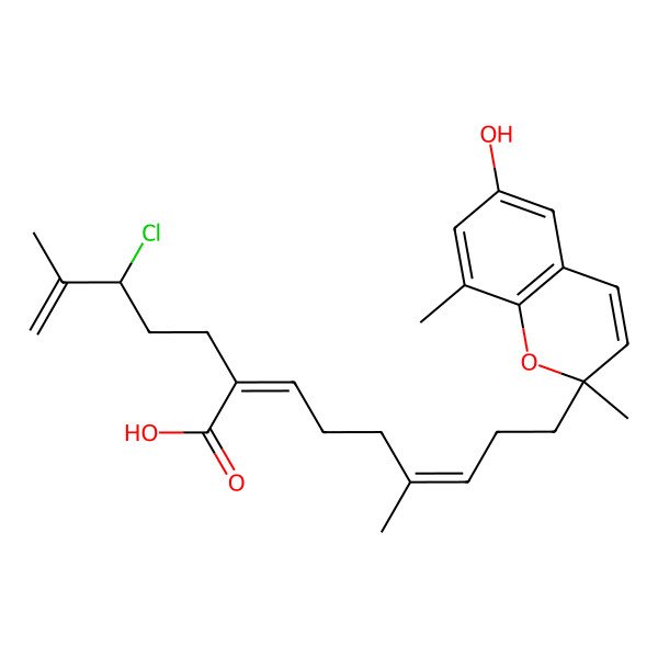 2D Structure of (2Z,6E)-2-[(3R)-3-chloro-4-methylpent-4-enyl]-9-[(2R)-6-hydroxy-2,8-dimethylchromen-2-yl]-6-methylnona-2,6-dienoic acid