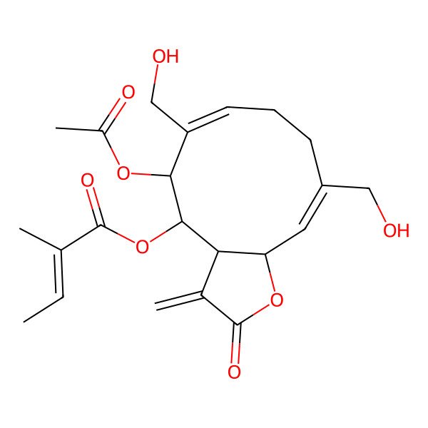 2D Structure of [(3aS,4S,5S,6Z,10Z,11aR)-5-acetyloxy-6,10-bis(hydroxymethyl)-3-methylidene-2-oxo-3a,4,5,8,9,11a-hexahydrocyclodeca[b]furan-4-yl] (Z)-2-methylbut-2-enoate