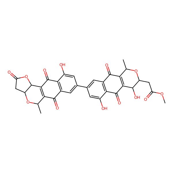 2D Structure of methyl 2-[4,6-dihydroxy-8-(7-hydroxy-17-methyl-2,9,13-trioxo-12,16-dioxatetracyclo[8.7.0.03,8.011,15]heptadeca-1(10),3(8),4,6-tetraen-5-yl)-1-methyl-5,10-dioxo-3,4-dihydro-1H-benzo[g]isochromen-3-yl]acetate