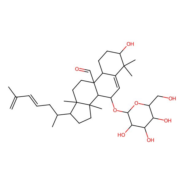 2D Structure of 3-hydroxy-4,4,13,14-tetramethyl-17-(6-methylhepta-4,6-dien-2-yl)-7-[3,4,5-trihydroxy-6-(hydroxymethyl)oxan-2-yl]oxy-2,3,7,8,10,11,12,15,16,17-decahydro-1H-cyclopenta[a]phenanthrene-9-carbaldehyde