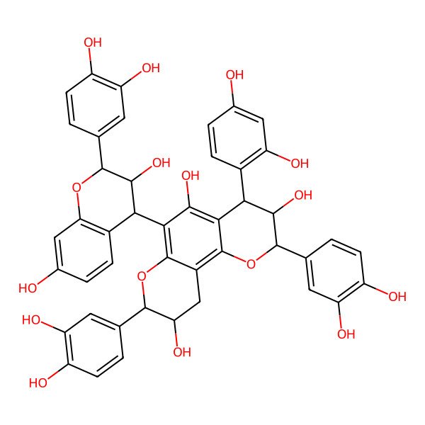 2D Structure of (2R,3S,4S,8R,9S)-4-(2,4-dihydroxyphenyl)-2,8-bis(3,4-dihydroxyphenyl)-6-[(2R,3S,4S)-2-(3,4-dihydroxyphenyl)-3,7-dihydroxy-3,4-dihydro-2H-chromen-4-yl]-2,3,4,8,9,10-hexahydropyrano[2,3-h]chromene-3,5,9-triol