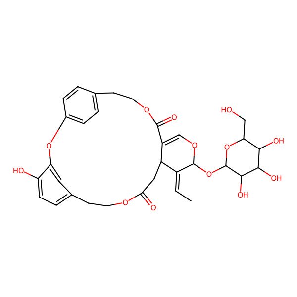 2D Structure of (13S,14E,15S)-14-ethylidene-4-hydroxy-15-[(2R,3R,4S,5S,6R)-3,4,5-trihydroxy-6-(hydroxymethyl)oxan-2-yl]oxy-2,10,16,20-tetraoxatetracyclo[21.2.2.13,7.013,18]octacosa-1(25),3,5,7(28),17,23,26-heptaene-11,19-dione