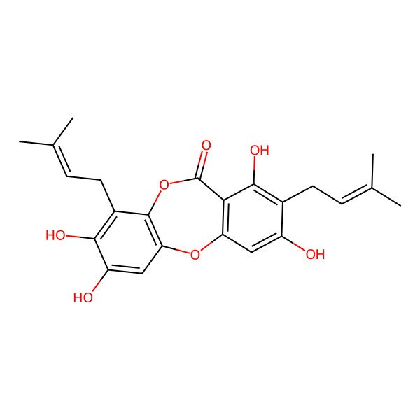 2D Structure of 2,3,7,9-Tetrahydroxy-4,8-bis(3-methylbut-2-enyl)benzo[b][1,4]benzodioxepin-6-one