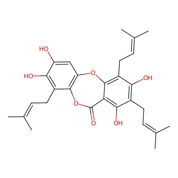 2D Structure of 2,3,7,9-Tetrahydroxy-4,8,10-tris(3-methylbut-2-enyl)benzo[b][1,4]benzodioxepin-6-one