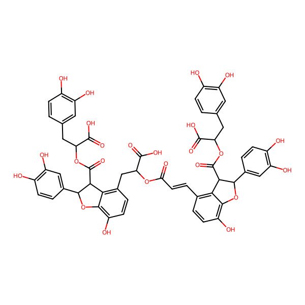 2D Structure of 2-[4-[2-Carboxy-2-[3-[3-[1-carboxy-2-(3,4-dihydroxyphenyl)ethoxy]carbonyl-2-(3,4-dihydroxyphenyl)-7-hydroxy-2,3-dihydro-1-benzofuran-4-yl]prop-2-enoyloxy]ethyl]-2-(3,4-dihydroxyphenyl)-7-hydroxy-2,3-dihydro-1-benzofuran-3-carbonyl]oxy-3-(3,4-dihydroxyphenyl)propanoic acid