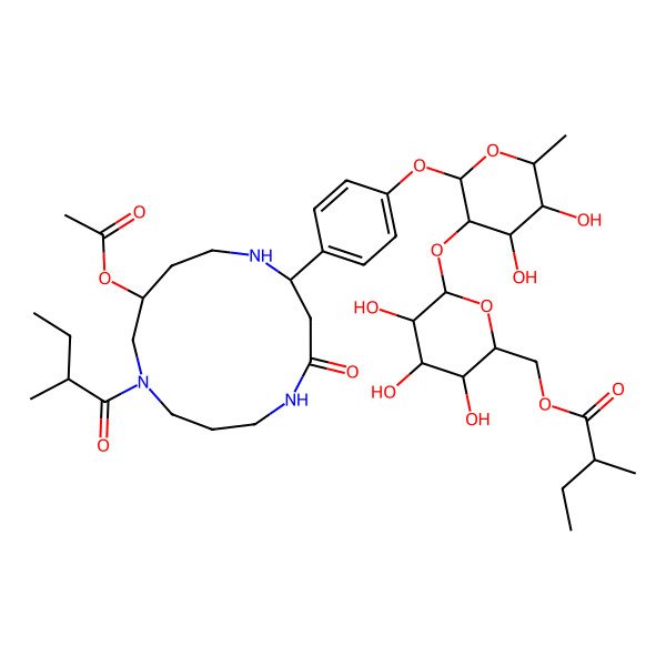 2D Structure of [(2R,3S,4S,5R,6S)-6-[(2S,3R,4R,5R,6S)-2-[4-[(2S,11S)-11-acetyloxy-9-[(2S)-2-methylbutanoyl]-4-oxo-1,5,9-triazacyclotridec-2-yl]phenoxy]-4,5-dihydroxy-6-methyloxan-3-yl]oxy-3,4,5-trihydroxyoxan-2-yl]methyl (2S)-2-methylbutanoate