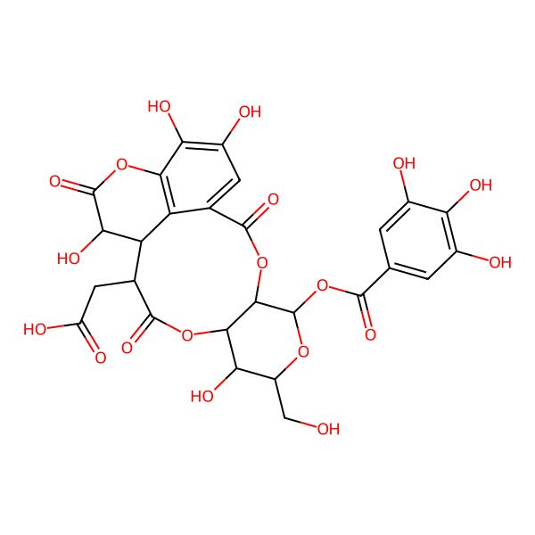 2D Structure of 2-[(4R,5S,7R,8R,9S,12S,13S,14S)-8,14,18,19-tetrahydroxy-7-(hydroxymethyl)-2,11,15-trioxo-5-(3,4,5-trihydroxybenzoyl)oxy-3,6,10,16-tetraoxatetracyclo[11.7.1.04,9.017,21]henicosa-1(20),17(21),18-trien-12-yl]acetic acid