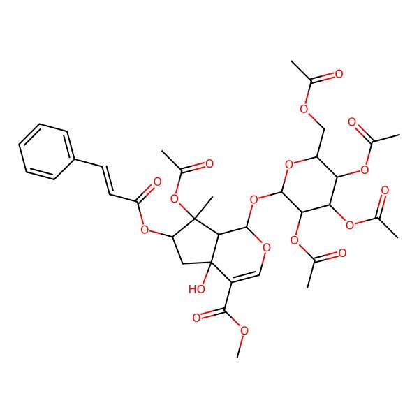 2D Structure of Methyl 7-acetyloxy-4a-hydroxy-7-methyl-6-(3-phenylprop-2-enoyloxy)-1-[3,4,5-triacetyloxy-6-(acetyloxymethyl)oxan-2-yl]oxy-1,5,6,7a-tetrahydrocyclopenta[c]pyran-4-carboxylate