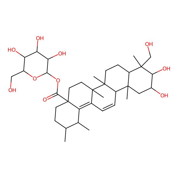 2D Structure of [(2S,3R,4S,5S,6R)-3,4,5-trihydroxy-6-(hydroxymethyl)oxan-2-yl] (1S,2R,4aS,6aR,6aS,6bR,8aR,9R,10R,11R,12aS)-10,11-dihydroxy-9-(hydroxymethyl)-1,2,6a,6b,9,12a-hexamethyl-2,3,4,5,6,6a,7,8,8a,10,11,12-dodecahydro-1H-picene-4a-carboxylate
