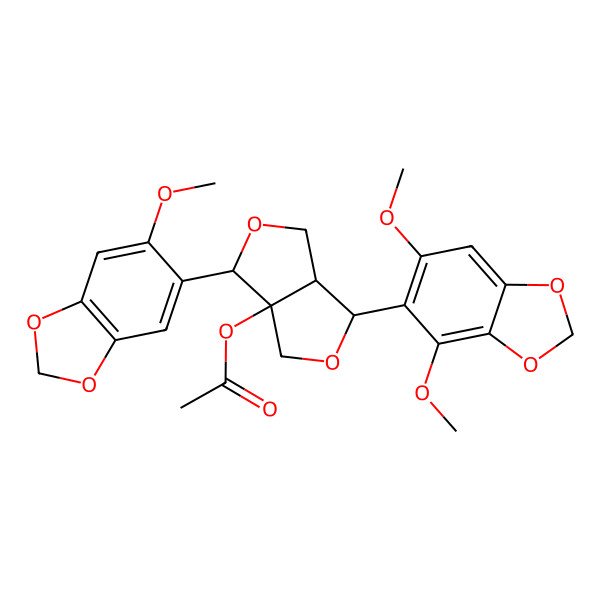 2D Structure of [(3S,3aR,6R,6aS)-6-(4,6-dimethoxy-1,3-benzodioxol-5-yl)-3-(6-methoxy-1,3-benzodioxol-5-yl)-3,4,6,6a-tetrahydro-1H-furo[3,4-c]furan-3a-yl] acetate