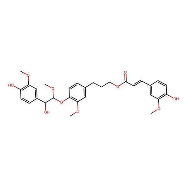 2D Structure of 3-[4-[(1R,2R)-2-hydroxy-2-(4-hydroxy-3-methoxyphenyl)-1-methoxyethoxy]-3-methoxyphenyl]propyl (E)-3-(4-hydroxy-3-methoxyphenyl)prop-2-enoate