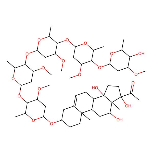 2D Structure of 1-[(3S,8R,9S,10R,12R,13S,14S,17S)-12,14,17-trihydroxy-3-[(2R,4S,5R,6R)-5-[(2S,4S,5R,6R)-5-[(2S,4R,5S,6S)-5-[(2S,4S,5R,6R)-5-[(2S,4R,5S,6S)-5-hydroxy-4-methoxy-6-methyloxan-2-yl]oxy-4-methoxy-6-methyloxan-2-yl]oxy-4-methoxy-6-methyloxan-2-yl]oxy-4-methoxy-6-methyloxan-2-yl]oxy-4-methoxy-6-methyloxan-2-yl]oxy-10,13-dimethyl-2,3,4,7,8,9,11,12,15,16-decahydro-1H-cyclopenta[a]phenanthren-17-yl]ethanone
