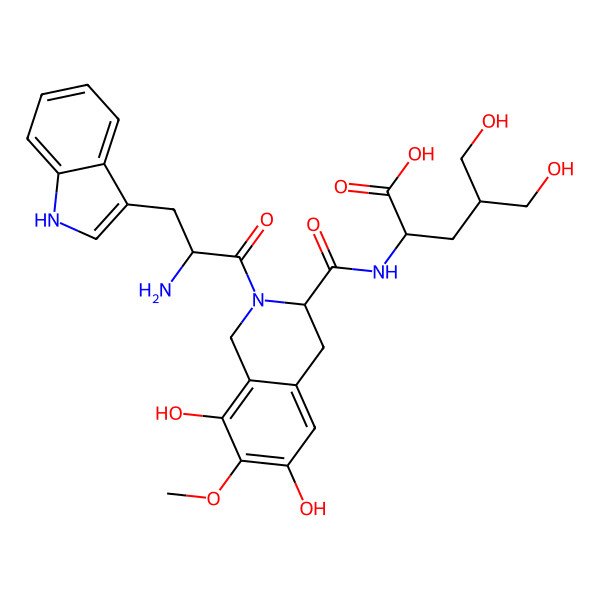 2D Structure of 2-[[2-[2-amino-3-(1H-indol-3-yl)propanoyl]-6,8-dihydroxy-7-methoxy-3,4-dihydro-1H-isoquinoline-3-carbonyl]amino]-5-hydroxy-4-(hydroxymethyl)pentanoic acid