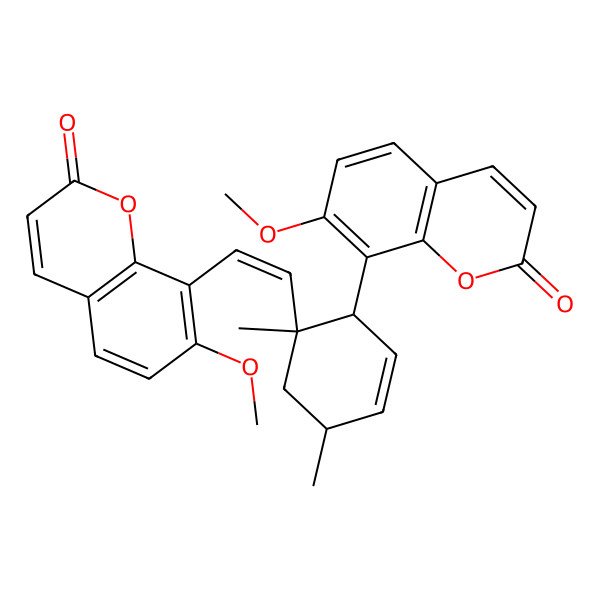2D Structure of 7-methoxy-8-[(E)-2-[(1R,2R,5R)-2-(7-methoxy-2-oxochromen-8-yl)-1,5-dimethylcyclohex-3-en-1-yl]ethenyl]chromen-2-one
