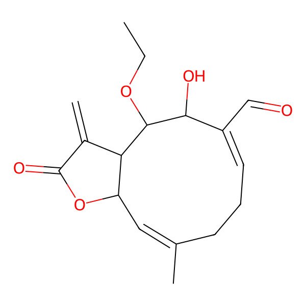 2D Structure of (3aS,4S,5S,6E,10E,11aR)-4-ethoxy-5-hydroxy-10-methyl-3-methylidene-2-oxo-3a,4,5,8,9,11a-hexahydrocyclodeca[b]furan-6-carbaldehyde
