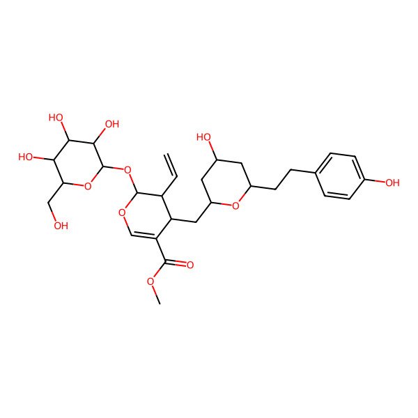 2D Structure of methyl (2S,3S,4R)-3-ethenyl-4-[[(2S,4S,6R)-4-hydroxy-6-[2-(4-hydroxyphenyl)ethyl]oxan-2-yl]methyl]-2-[(2R,3S,4R,5R,6S)-3,4,5-trihydroxy-6-(hydroxymethyl)oxan-2-yl]oxy-3,4-dihydro-2H-pyran-5-carboxylate