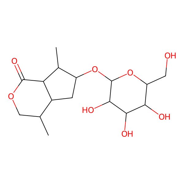2D Structure of Cyclopenta[c]pyran-1(3H)-one, 6-(beta-D-glucopyranosyloxy)hexahydro-4,7-dimethyl-, (4R,4aR,6R,7R,7aS)-