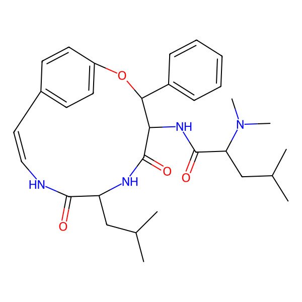 2D Structure of 2-(dimethylamino)-4-methyl-N-[(3S,4S,7S,10E)-7-(2-methylpropyl)-5,8-dioxo-3-phenyl-2-oxa-6,9-diazabicyclo[10.2.2]hexadeca-1(14),10,12,15-tetraen-4-yl]pentanamide