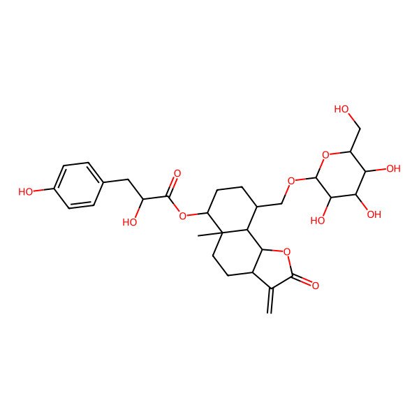 2D Structure of [5a-methyl-3-methylidene-2-oxo-9-[[3,4,5-trihydroxy-6-(hydroxymethyl)oxan-2-yl]oxymethyl]-4,5,6,7,8,9,9a,9b-octahydro-3aH-benzo[g][1]benzofuran-6-yl] 2-hydroxy-3-(4-hydroxyphenyl)propanoate