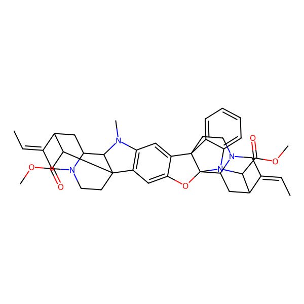 2D Structure of dimethyl (1R,6R,7S,9S,10E,15R,20R,21R,24E,25R,26S,37S)-10,24-di(ethylidene)-5-methyl-19-oxa-5,12,22,27-tetrazaundecacyclo[20.11.2.19,15.121,25.01,20.02,18.04,16.06,15.07,12.020,27.028,33]heptatriaconta-2,4(16),17,28,30,32-hexaene-26,37-dicarboxylate