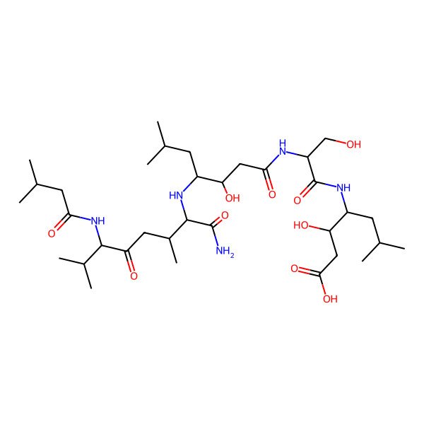 2D Structure of (3S)-4-[[(2S)-2-[[(3S,4S)-4-[[(2S,6S)-1-amino-3,7-dimethyl-6-(3-methylbutanoylamino)-1,5-dioxooctan-2-yl]amino]-3-hydroxy-6-methylheptanoyl]amino]-3-hydroxypropanoyl]amino]-3-hydroxy-6-methylheptanoic acid