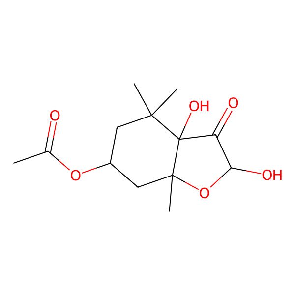 2D Structure of (2,3a-dihydroxy-4,4,7a-trimethyl-3-oxo-6,7-dihydro-5H-1-benzofuran-6-yl) acetate