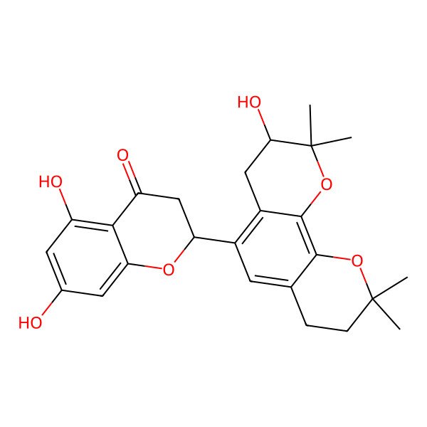 2D Structure of (2R)-5,7-dihydroxy-2-[(3S)-3-hydroxy-2,2,9,9-tetramethyl-3,4,7,8-tetrahydropyrano[3,2-h]chromen-5-yl]-2,3-dihydrochromen-4-one