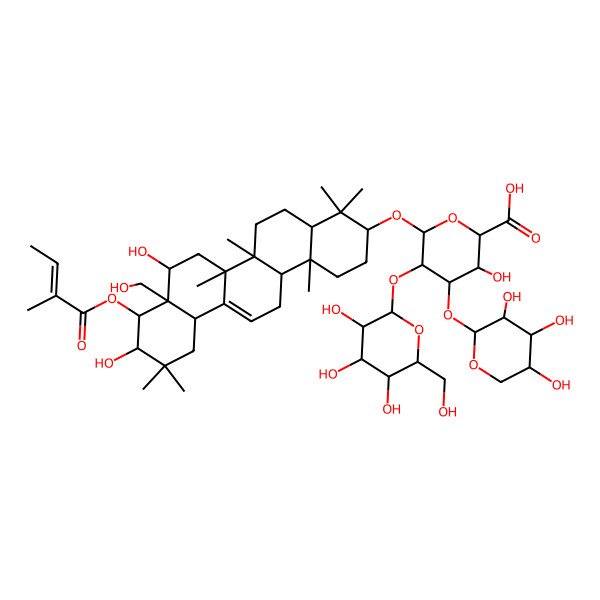 2D Structure of (2S,3S,4S,5R,6R)-6-[[(3S,4aR,6aR,6bS,8R,8aR,9R,10R,12aS,14aR,14bR)-8,10-dihydroxy-8a-(hydroxymethyl)-4,4,6a,6b,11,11,14b-heptamethyl-9-[(Z)-2-methylbut-2-enoyl]oxy-1,2,3,4a,5,6,7,8,9,10,12,12a,14,14a-tetradecahydropicen-3-yl]oxy]-3-hydroxy-5-[(2S,3R,4S,5S,6R)-3,4,5-trihydroxy-6-(hydroxymethyl)oxan-2-yl]oxy-4-[(2S,3R,4S,5S)-3,4,5-trihydroxyoxan-2-yl]oxyoxane-2-carboxylic acid