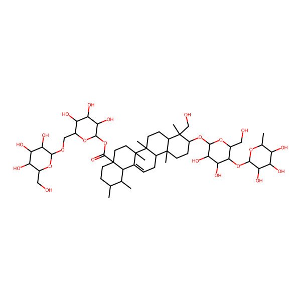 2D Structure of [(2S,3R,4S,5S,6R)-3,4,5-trihydroxy-6-[[(2R,3R,4S,5R,6R)-3,4,5-trihydroxy-6-(hydroxymethyl)oxan-2-yl]oxymethyl]oxan-2-yl] (1S,2R,4aS,6aR,6aS,6bR,8aR,9R,10S,12aR,14bS)-10-[(2R,3R,4R,5S,6R)-3,4-dihydroxy-6-(hydroxymethyl)-5-[(2S,3R,4R,5R,6S)-3,4,5-trihydroxy-6-methyloxan-2-yl]oxyoxan-2-yl]oxy-9-(hydroxymethyl)-1,2,6a,6b,9,12a-hexamethyl-2,3,4,5,6,6a,7,8,8a,10,11,12,13,14b-tetradecahydro-1H-picene-4a-carboxylate