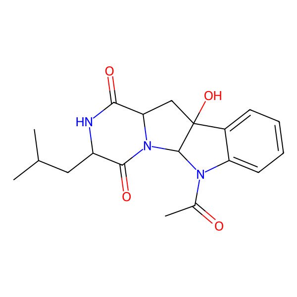 2D Structure of NCGC00380403-01_C19H23N3O4_2H-Pyrazino[1',2':1,5]pyrrolo[2,3-b]indole-1,4(3H,5aH)-dione, 6-acetyl-6,10b,11,11a-tetrahydro-10b-hydroxy-3-(2-methylpropyl)-