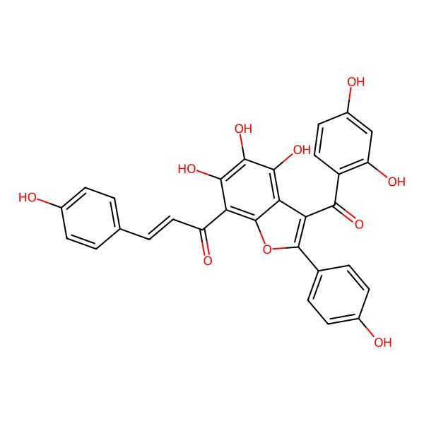 2D Structure of (E)-1-[3-(2,4-dihydroxybenzoyl)-4,5,6-trihydroxy-2-(4-hydroxyphenyl)-1-benzofuran-7-yl]-3-(4-hydroxyphenyl)prop-2-en-1-one