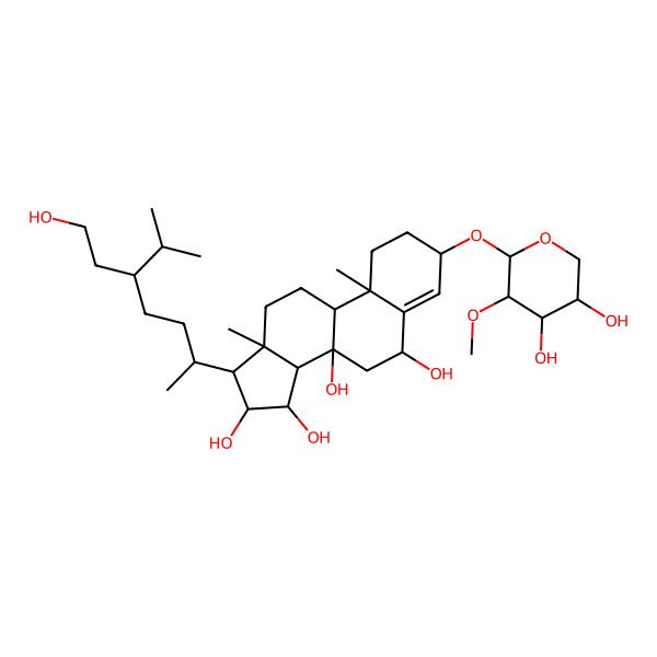 2D Structure of (3S,6R,8S,9R,10R,13R,14S,15R,16R,17R)-3-[(2S,3R,4S,5R)-4,5-dihydroxy-3-methoxyoxan-2-yl]oxy-17-[(2R,5R)-5-(2-hydroxyethyl)-6-methylheptan-2-yl]-10,13-dimethyl-1,2,3,6,7,9,11,12,14,15,16,17-dodecahydrocyclopenta[a]phenanthrene-6,8,15,16-tetrol