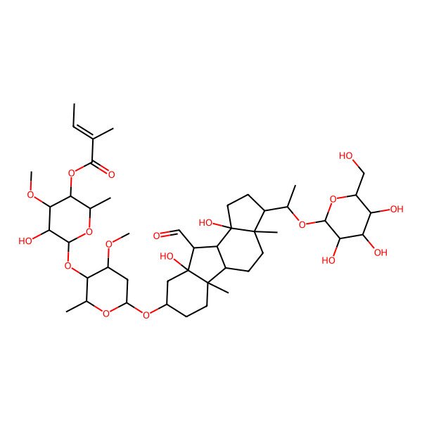 2D Structure of [(2R,3R,4R,5R,6S)-6-[(2R,3R,4R,6R)-6-[[(3S,3aR,5aS,5bR,8S,9aS,10S,10aS,10bS)-10-formyl-9a,10b-dihydroxy-3a,5b-dimethyl-3-[(1S)-1-[(2R,3R,4S,5S,6R)-3,4,5-trihydroxy-6-(hydroxymethyl)oxan-2-yl]oxyethyl]-1,2,3,4,5,5a,6,7,8,9,10,10a-dodecahydrocyclopenta[a]fluoren-8-yl]oxy]-4-methoxy-2-methyloxan-3-yl]oxy-5-hydroxy-4-methoxy-2-methyloxan-3-yl] (E)-2-methylbut-2-enoate