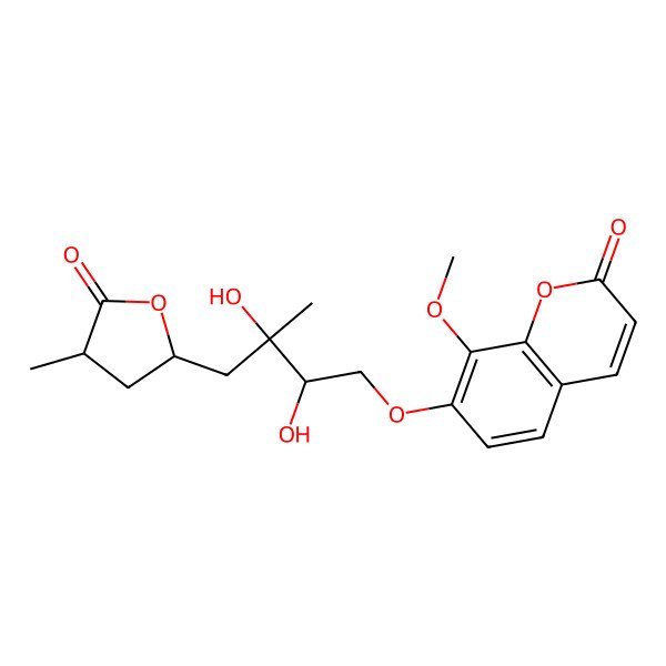 2D Structure of 7-[(2S,3S)-2,3-dihydroxy-3-methyl-4-[(2S,4R)-4-methyl-5-oxooxolan-2-yl]butoxy]-8-methoxychromen-2-one
