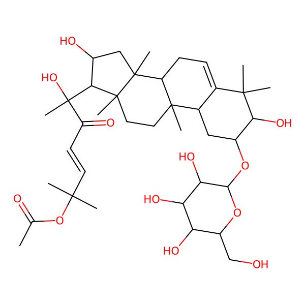 2D Structure of [(E,6R)-6-[(2S,3R,8R,9R,10R,13R,14S,16R,17R)-3,16-dihydroxy-4,4,9,13,14-pentamethyl-2-[(2R,3R,4S,5S,6R)-3,4,5-trihydroxy-6-(hydroxymethyl)oxan-2-yl]oxy-2,3,7,8,10,11,12,15,16,17-decahydro-1H-cyclopenta[a]phenanthren-17-yl]-6-hydroxy-2-methyl-5-oxohept-3-en-2-yl] acetate