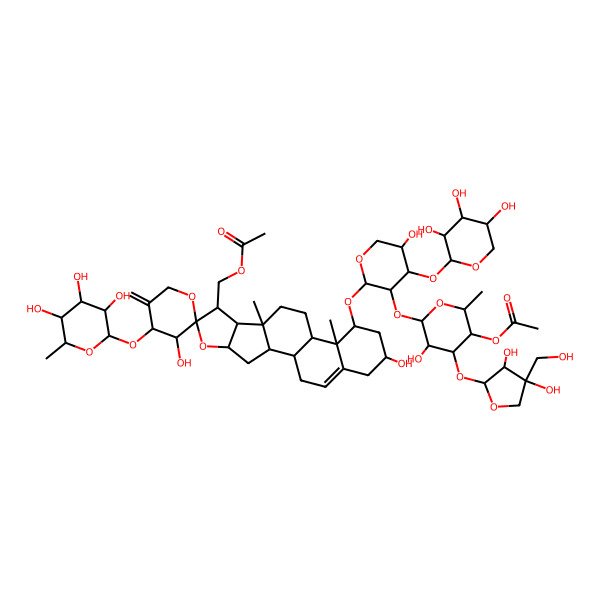 2D Structure of [(1S,2S,3'S,4S,4'S,6S,7R,8R,9S,12S,13R,14R,16R)-14-[(2S,3R,4S,5S)-3-[(2S,3R,4S,5S,6S)-5-acetyloxy-4-[(2S,3R,4R)-3,4-dihydroxy-4-(hydroxymethyl)oxolan-2-yl]oxy-3-hydroxy-6-methyloxan-2-yl]oxy-5-hydroxy-4-[(2S,3R,4S,5R)-3,4,5-trihydroxyoxan-2-yl]oxyoxan-2-yl]oxy-3',16-dihydroxy-9,13-dimethyl-5'-methylidene-4'-[(2S,3R,4S,5S,6R)-3,4,5-trihydroxy-6-methyloxan-2-yl]oxyspiro[5-oxapentacyclo[10.8.0.02,9.04,8.013,18]icos-18-ene-6,2'-oxane]-7-yl]methyl acetate