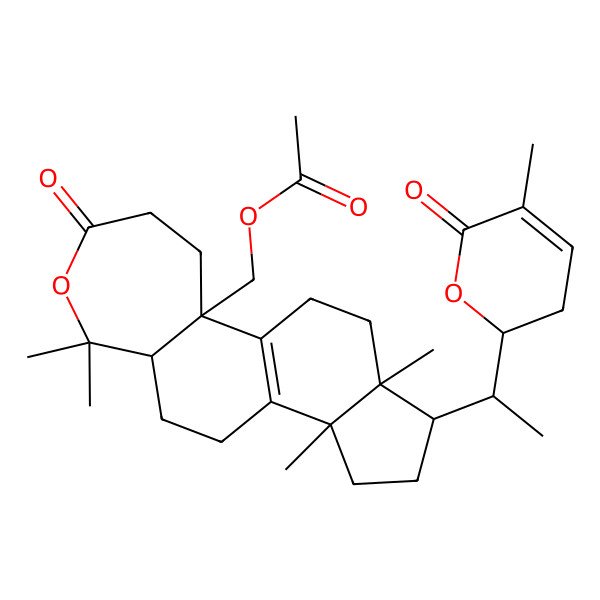 2D Structure of [3a,6,6,12a-Tetramethyl-1-[1-(5-methyl-6-oxo-2,3-dihydropyran-2-yl)ethyl]-8-oxo-1,2,3,4,5,5a,9,10,11,12-decahydroindeno[5,4-g][2]benzoxepin-10a-yl]methyl acetate
