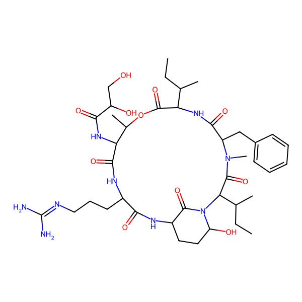 2D Structure of N-[5-benzyl-2,8-di(butan-2-yl)-15-[3-(diaminomethylideneamino)propyl]-21-hydroxy-4,11-dimethyl-3,6,9,13,16,22-hexaoxo-10-oxa-1,4,7,14,17-pentazabicyclo[16.3.1]docosan-12-yl]-2,3-dihydroxypropanamide