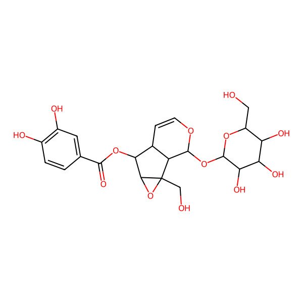 2D Structure of 2-(Hexopyranosyloxy)-1a-(hydroxymethyl)-1a,1b,2,5a,6,6a-hexahydrooxireno[2',3':4,5]cyclopenta[1,2-c]pyran-6-yl 3,4-dihydroxybenzoate