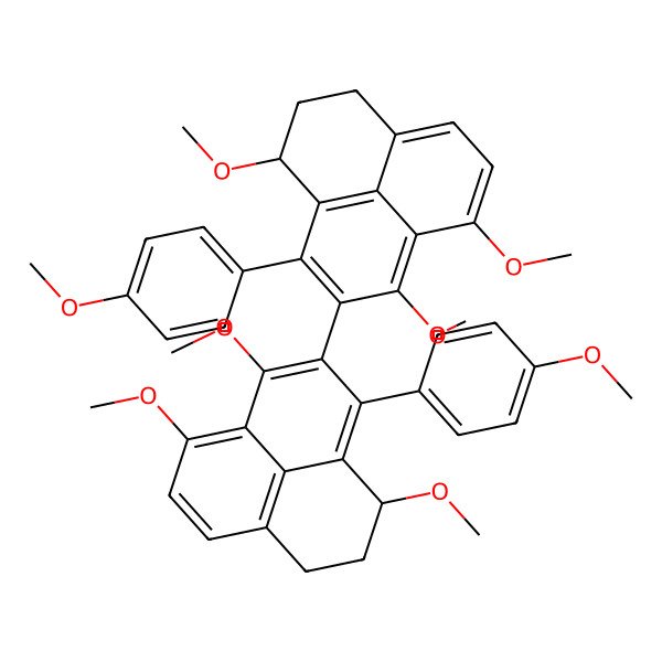 2D Structure of (1R)-1,6,7-trimethoxy-9-(4-methoxyphenyl)-8-[(4S)-1,4,9-trimethoxy-3-(4-methoxyphenyl)-5,6-dihydro-4H-phenalen-2-yl]-2,3-dihydro-1H-phenalene