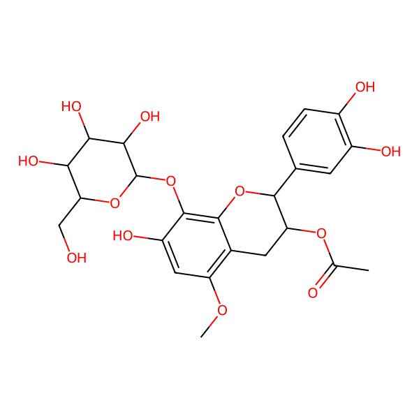 2D Structure of [(2R,3R)-2-(3,4-dihydroxyphenyl)-7-hydroxy-5-methoxy-8-[(2S,3R,4S,5S,6R)-3,4,5-trihydroxy-6-(hydroxymethyl)oxan-2-yl]oxy-3,4-dihydro-2H-chromen-3-yl] acetate