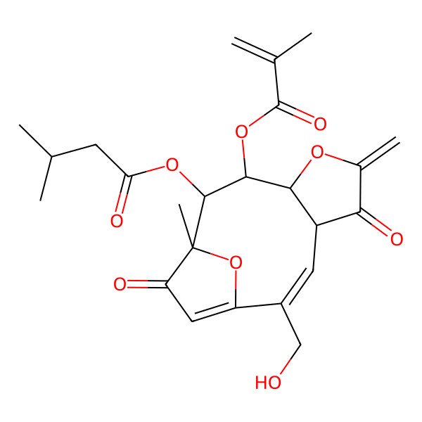 2D Structure of [(1R,2R,3S,4S,8S,9E)-10-(hydroxymethyl)-1-methyl-6-methylidene-3-(2-methylprop-2-enoyloxy)-7,13-dioxo-5,14-dioxatricyclo[9.2.1.04,8]tetradeca-9,11-dien-2-yl] 3-methylbutanoate