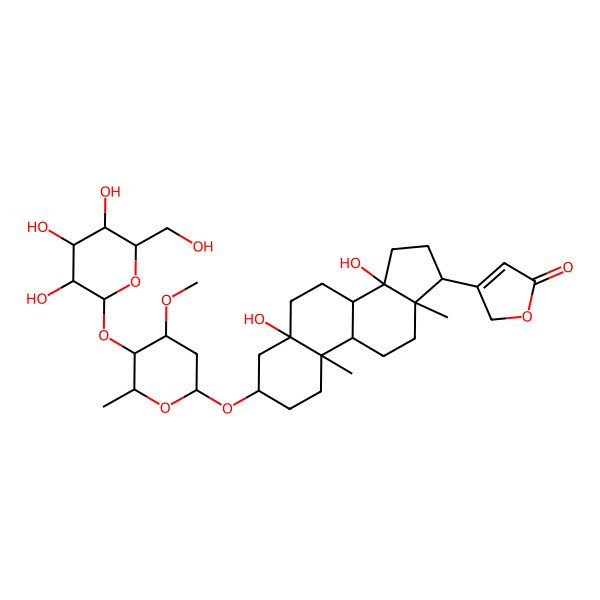 2D Structure of 3-[(3S,5S,8R,9S,10R,13R,14S,17S)-5,14-dihydroxy-3-[(2R,4S,5R,6R)-4-methoxy-6-methyl-5-[(2S,3R,4S,5S,6R)-3,4,5-trihydroxy-6-(hydroxymethyl)oxan-2-yl]oxyoxan-2-yl]oxy-10,13-dimethyl-2,3,4,6,7,8,9,11,12,15,16,17-dodecahydro-1H-cyclopenta[a]phenanthren-17-yl]-2H-furan-5-one